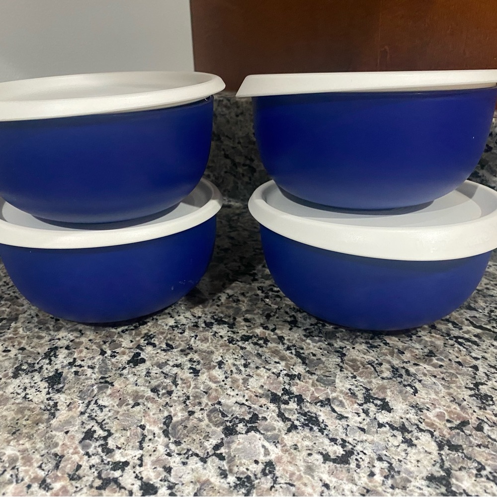 Tupperware set of 4 Blue Bowls with White Lids